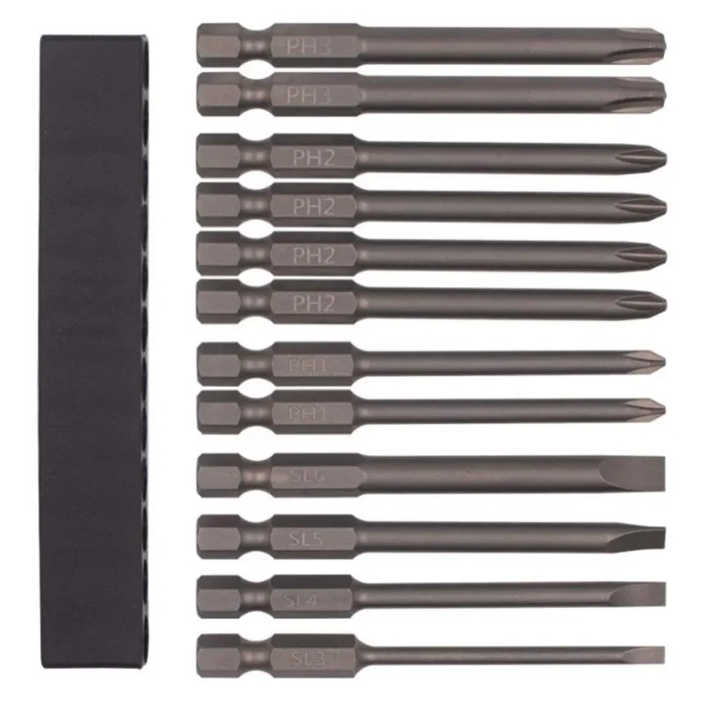 12-Piece 75mm Magnetic Screwdriver Bit Set, 1/4-inch Screwdrivers: PH1, PH2, PH3, SL3-6, 1/4-inch Handle