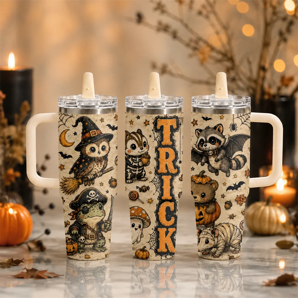 Vintage Halloween Critters Vacuum Flasks 40oz Thermal Tumbler with Handle Stainless Steel Insulated Water Portable Mug Cup