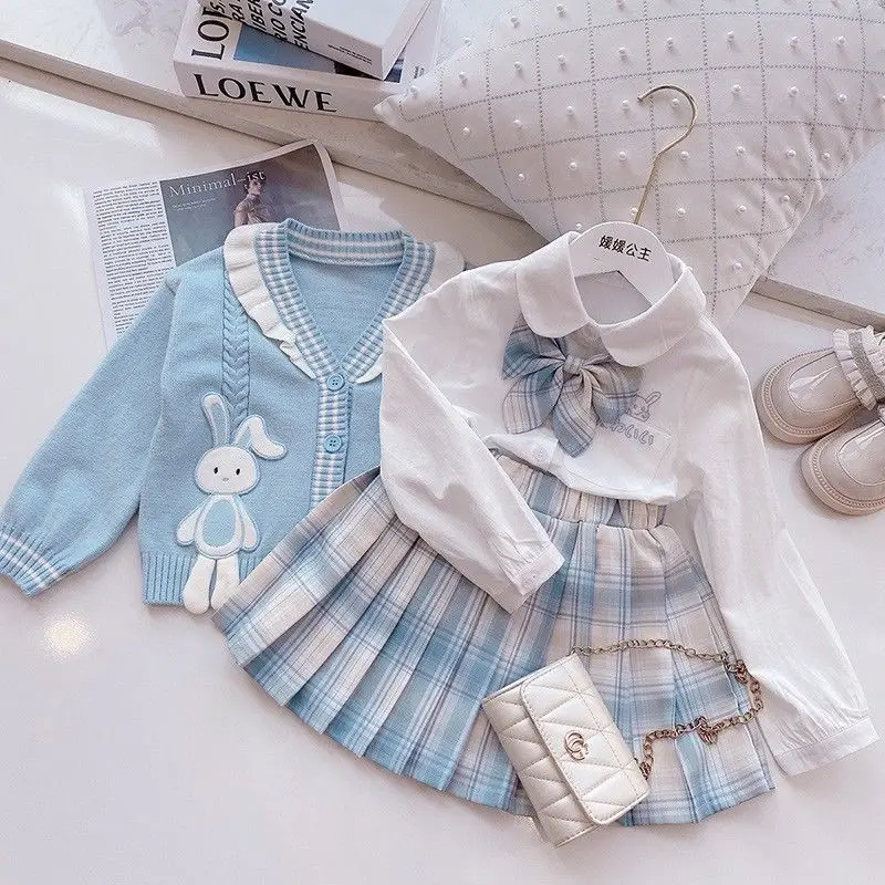 3ชิ้น Cinnamoroll เด็ก JK ชุดเครื่องแบบกระโปรงน่ารัก sanrioeed Preppy เสื้อกันหนาวไหมพรมฤดูใบไม้ผลิฤดูใบไม้ร่วง Y2K Tartan กระโปรงเด็กหญิง