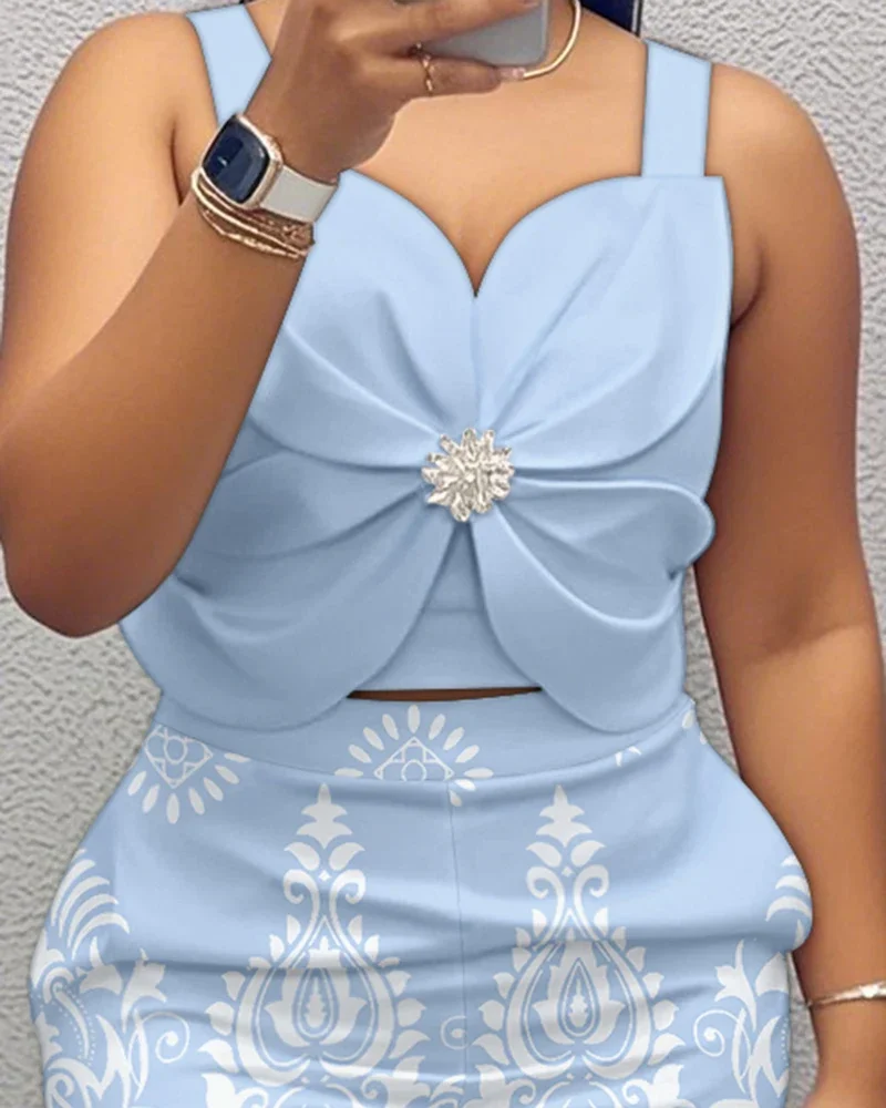 Two Piece Set Women Outfit 2025 Summer Cold Shoulder Thick Strap Bowknot Top & Casual Abstract Print Pocket Design Shorts Set