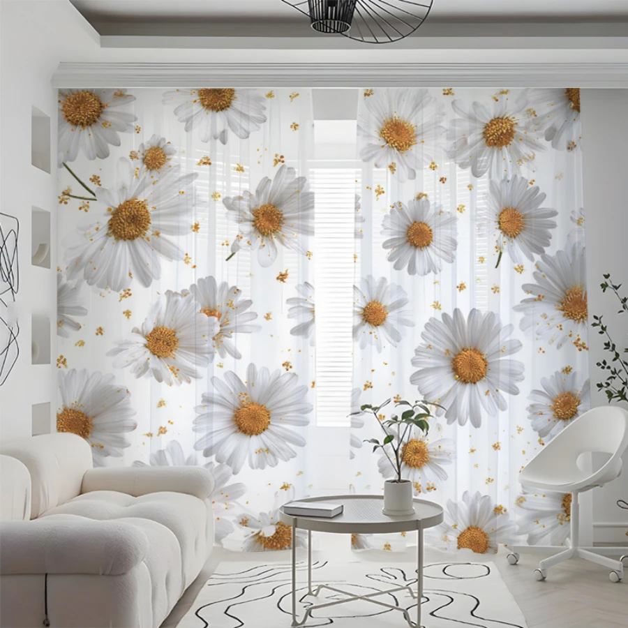 2PCS Digital Printed Sheer Curtain, Sunlight Daisy Flowers, Bright Sunny Spring Meadow for Living Room Bedroom Home Decor