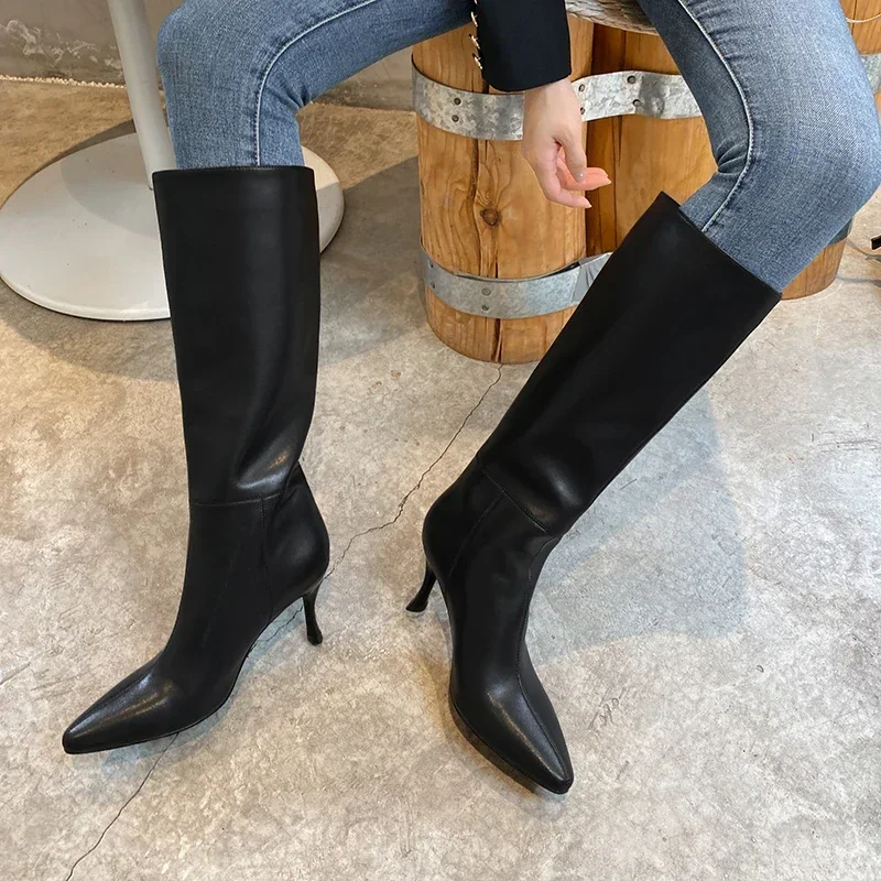 JOZHAMTA Size 34-42 Women Knee Boots Genuine Leather Sexy Thin High Heels Shoes Woman Winter Pointed Long Boots Casual Office