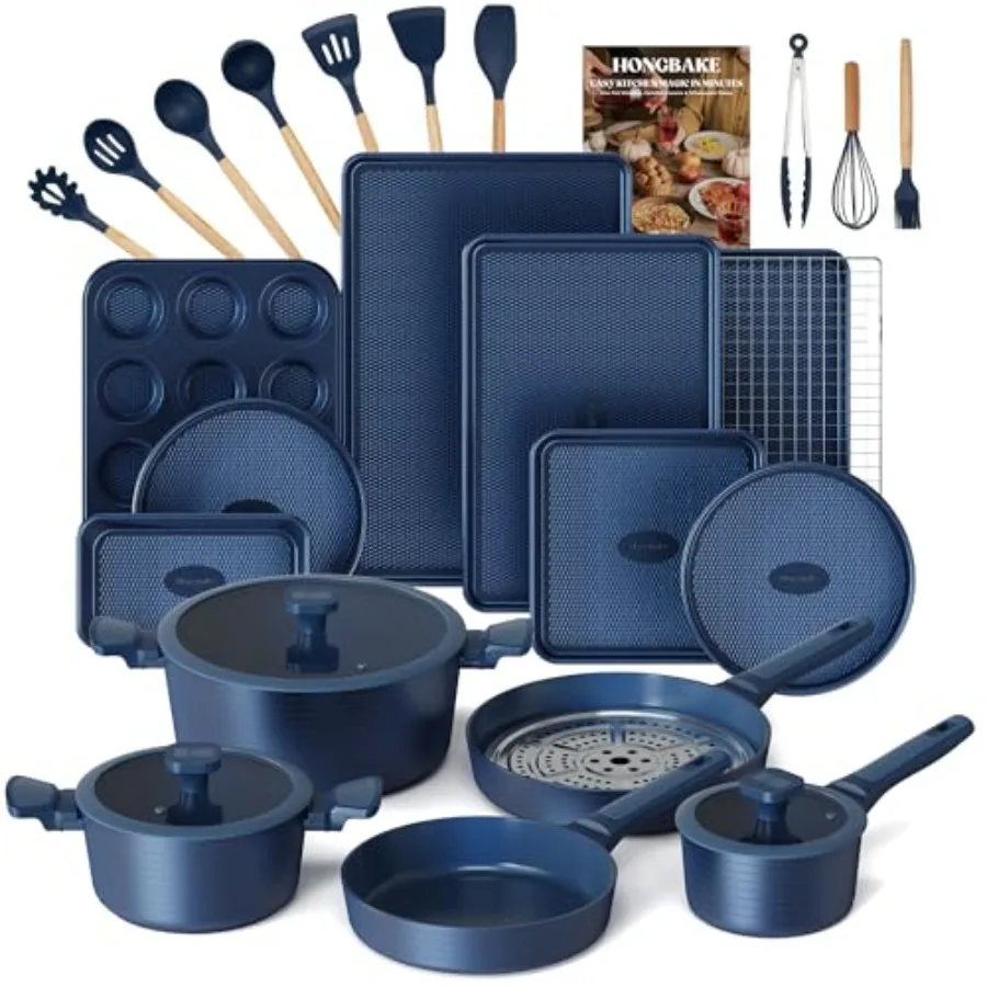 

Pots and Pans Set Nonstick, 26 Pcs All-in-One Kitchen Starter Set with Cookware, Bakeware and Silicone Utensils, Non Toxic Cera