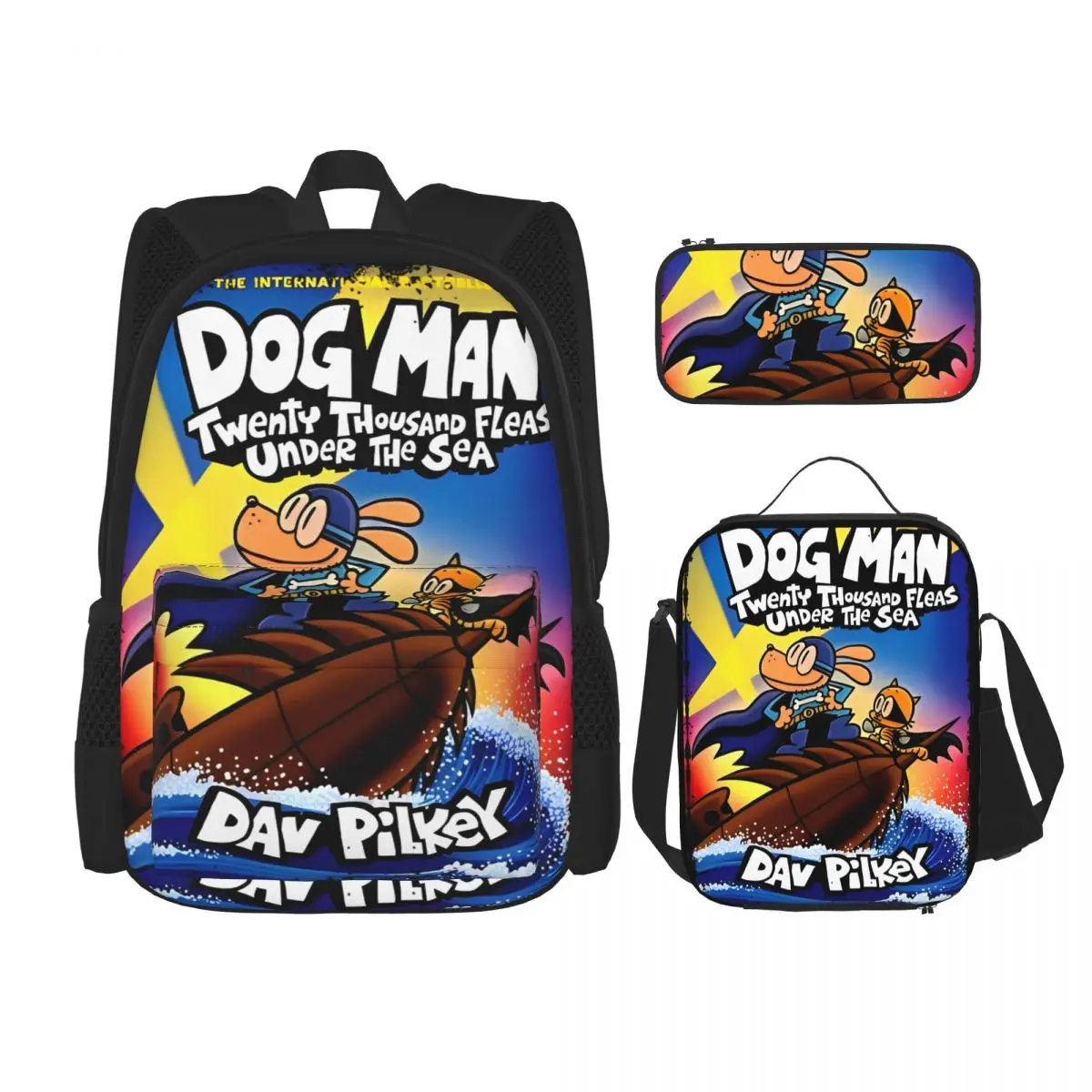 

3pecs/set милый мультфильм Dogman приключения анимация фильм рюкзак для студента собака человек холст сумки для ноутбука сумка для обеда пенал