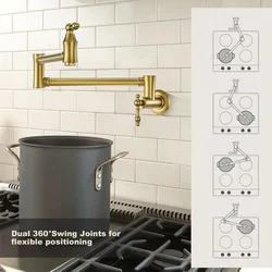 Pot Filler Faucet Gold Traditional Pot Filler Wall Mount Commercial Stove Faucet with Double Joint Swing Arms Brass Top Quality