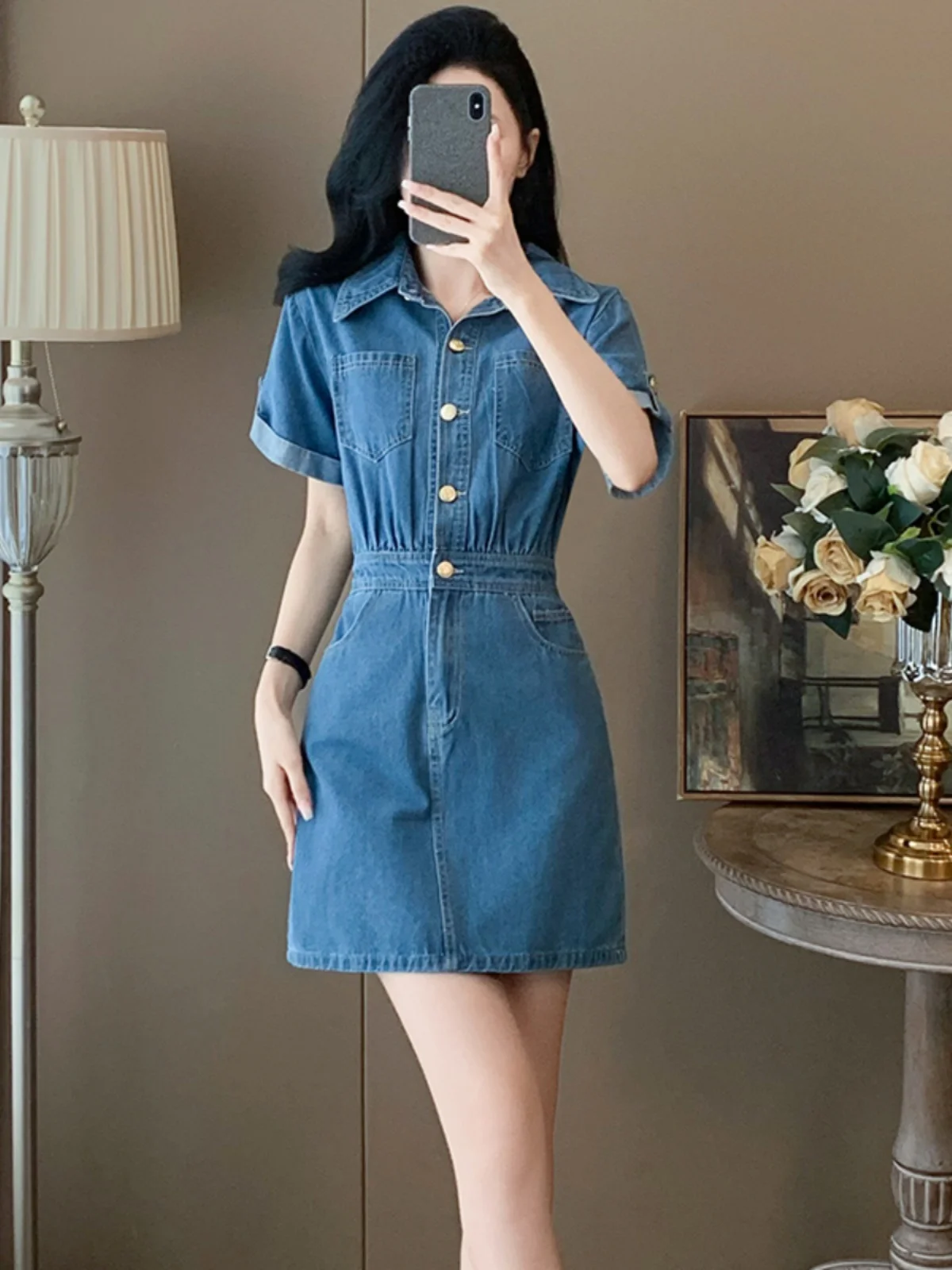 

Fashionable Retro Hong Kong Style Women's Short Sleeve Denim Dress Slim Waist Summer New Arrival Cool And Elegantly Trendy