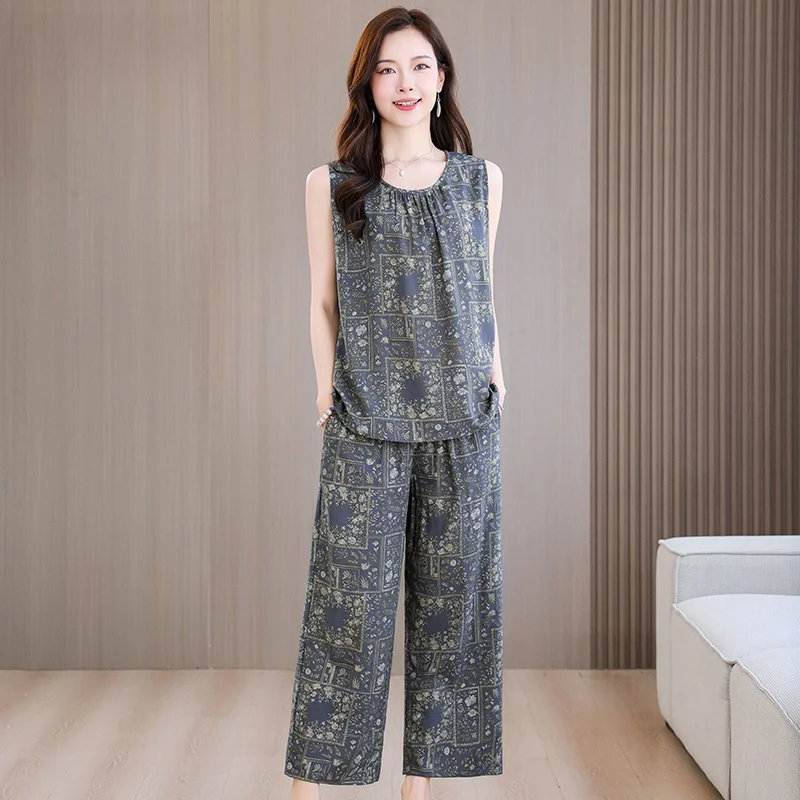 summer-cotton-silk-women's-sleepwear-set-sleeveless-large-size-home-clothes-vest-and-seven-piece-pants-suitable-for-outdoor