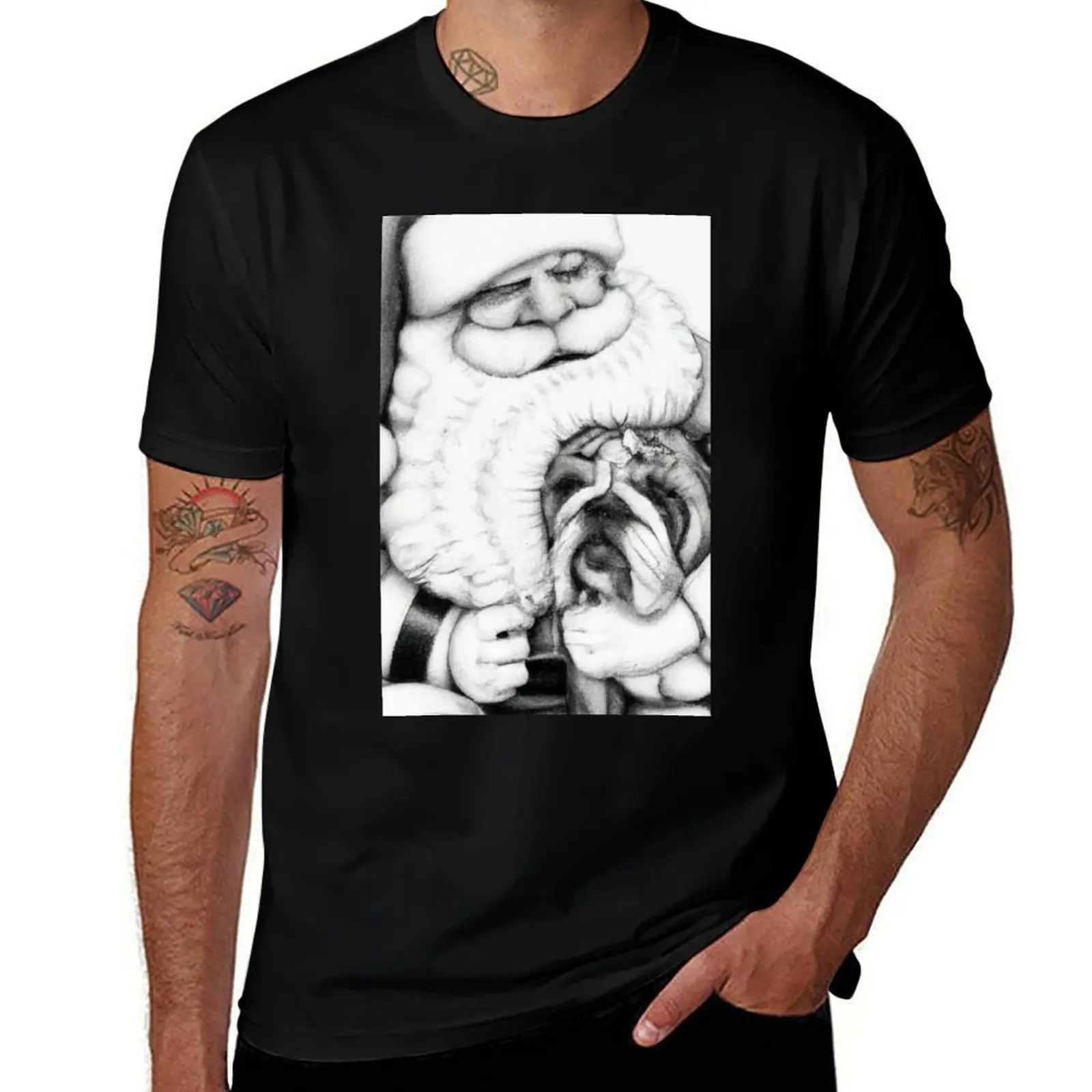English Bulldog Art Print - Mr. Bulldog Christmas Dog Fine Art Painting - Dog Hugging Santa Claus - Pencil Drawn Paintin T-Shirt
