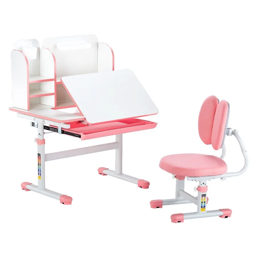 

Study Chair and Desk with Bookshelf Drawer Height Adjustable Pink
