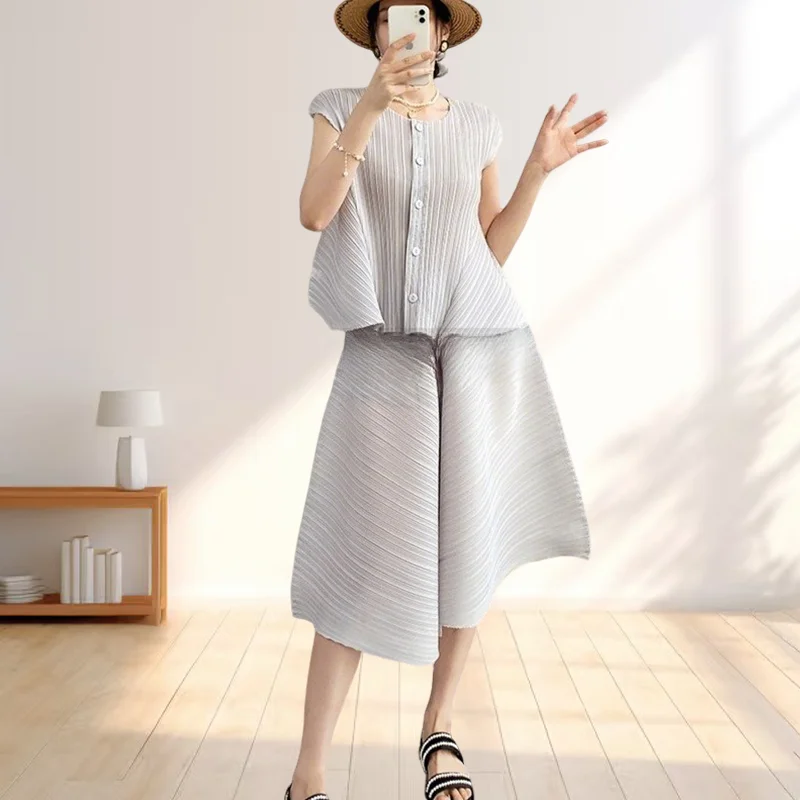 

Топы Miyake, плиссированные свободные брюки больших размеров, женская летняя рубашка, футболка, эластичные широкие брюки Seven Points для поездок на работу