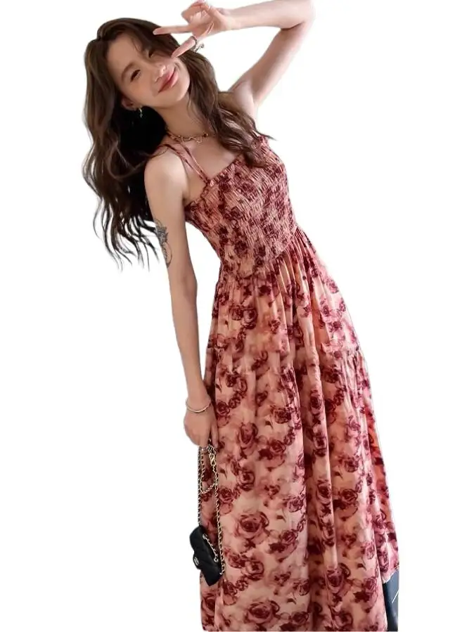 

New Vintage Rose Print long Maxi spaghetti strap Dresses 2023 Runway style Ink Halo Dye Dress Boho Party Dress Vestidos S-3XL