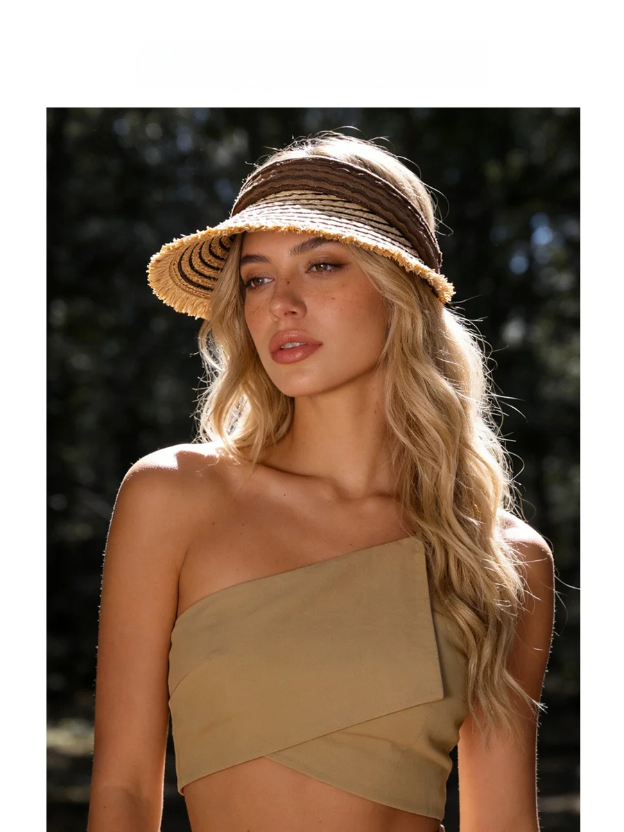 portable-woven-straw-hat-summer-large-brim-stripe-empty-top-face-slimming-sunshade-uv-protection-hat-for-couples-spring-summer