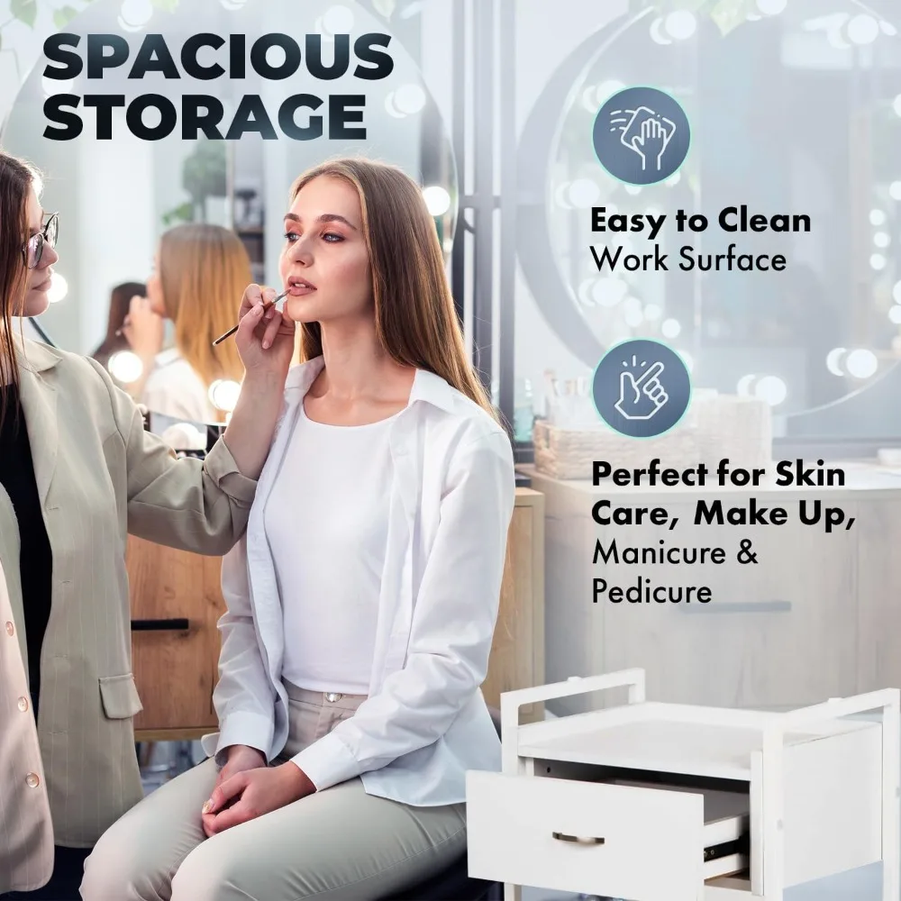 Salonwagen, 3-stufiger rollender Mehrzweckwagen für Spas, Kosmetikerinnen und Salons, Organizer aus weißem Holz mit Schublade