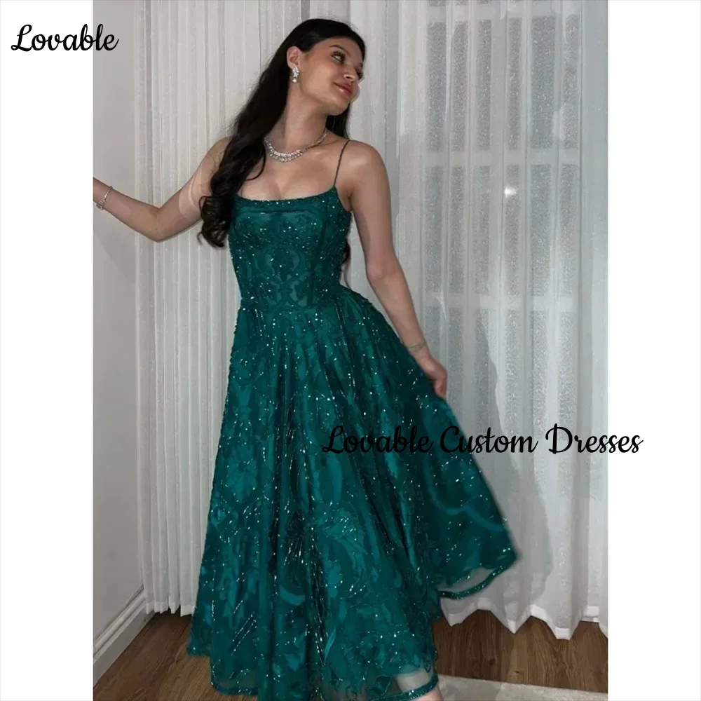 Customized فساتين سهرة A-Line Square Neckline Floor-Length Luxury Evening Dresses Lace Zipper Up Spaghetti Straps Dresses