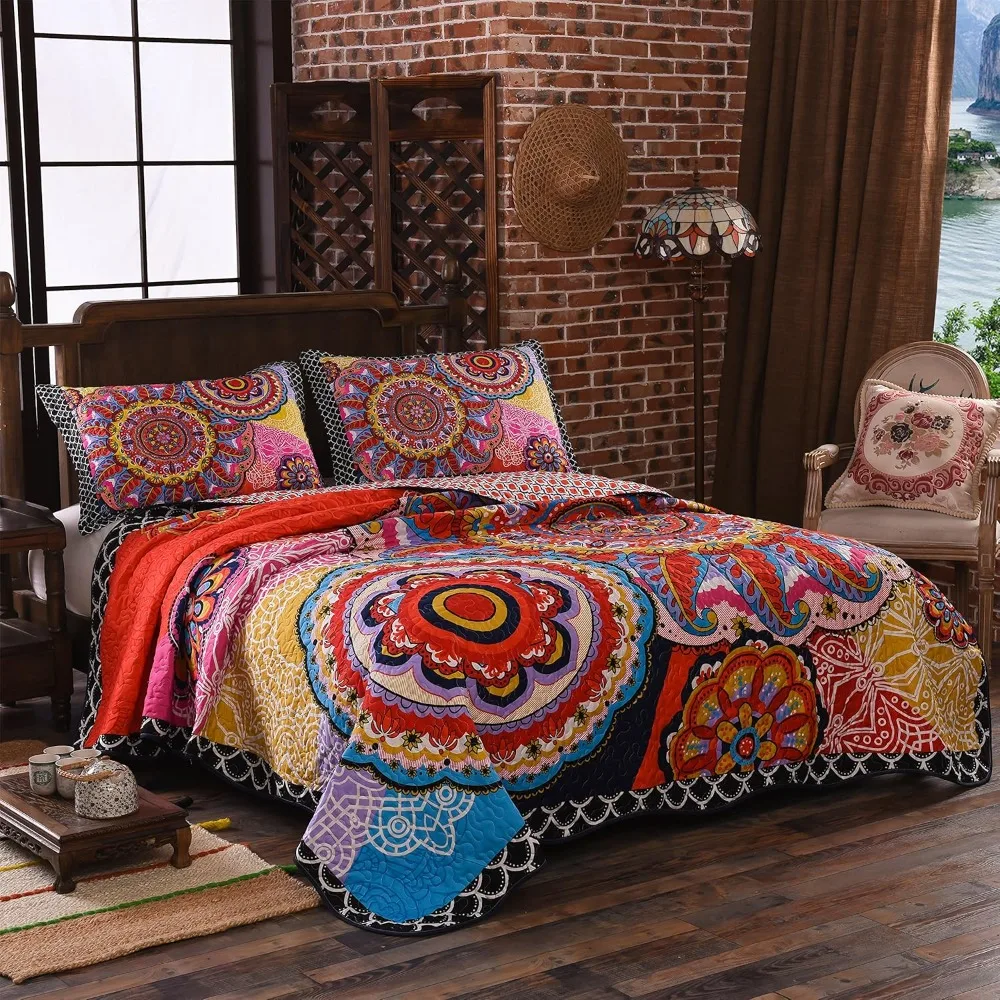 

Комплект одеял Queen Size Boho, комплект покрывала из трех предметов, легкий двусторонний узор мандалы, разноцветный из микрофибры