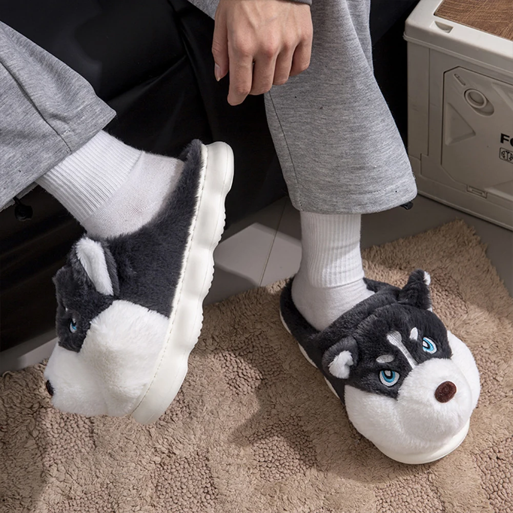 Pluche Husky-pantoffels Pluche pantoffels met gesloten teen Antislip platte thermische pantoffels Comfortabele instappers voor de herfst en winter