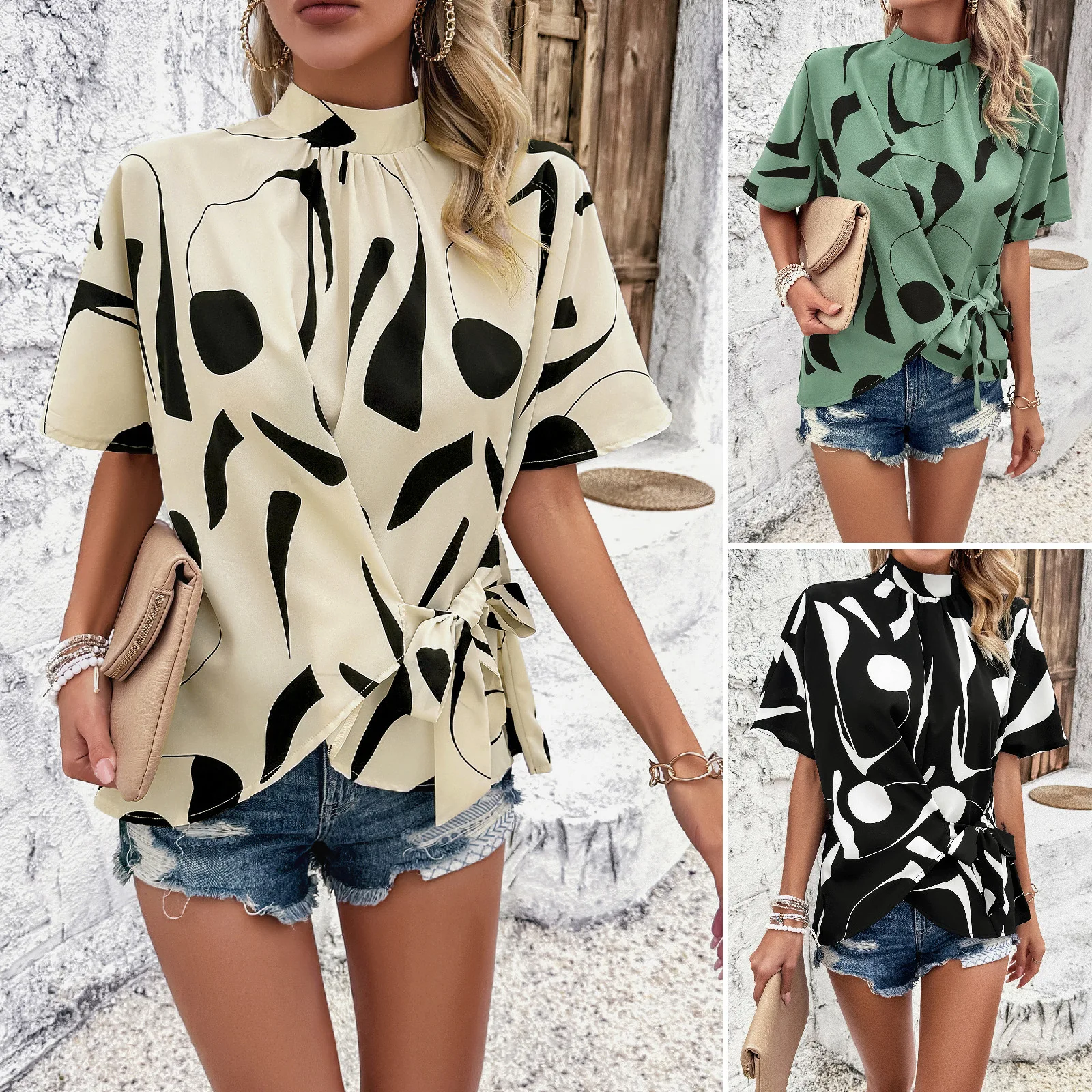 2025 New Summer Women's Shirt Printed Female Short Sleeve Tops Half High Collar Lady's Blouse Loose Lace Up Women's T-shirt