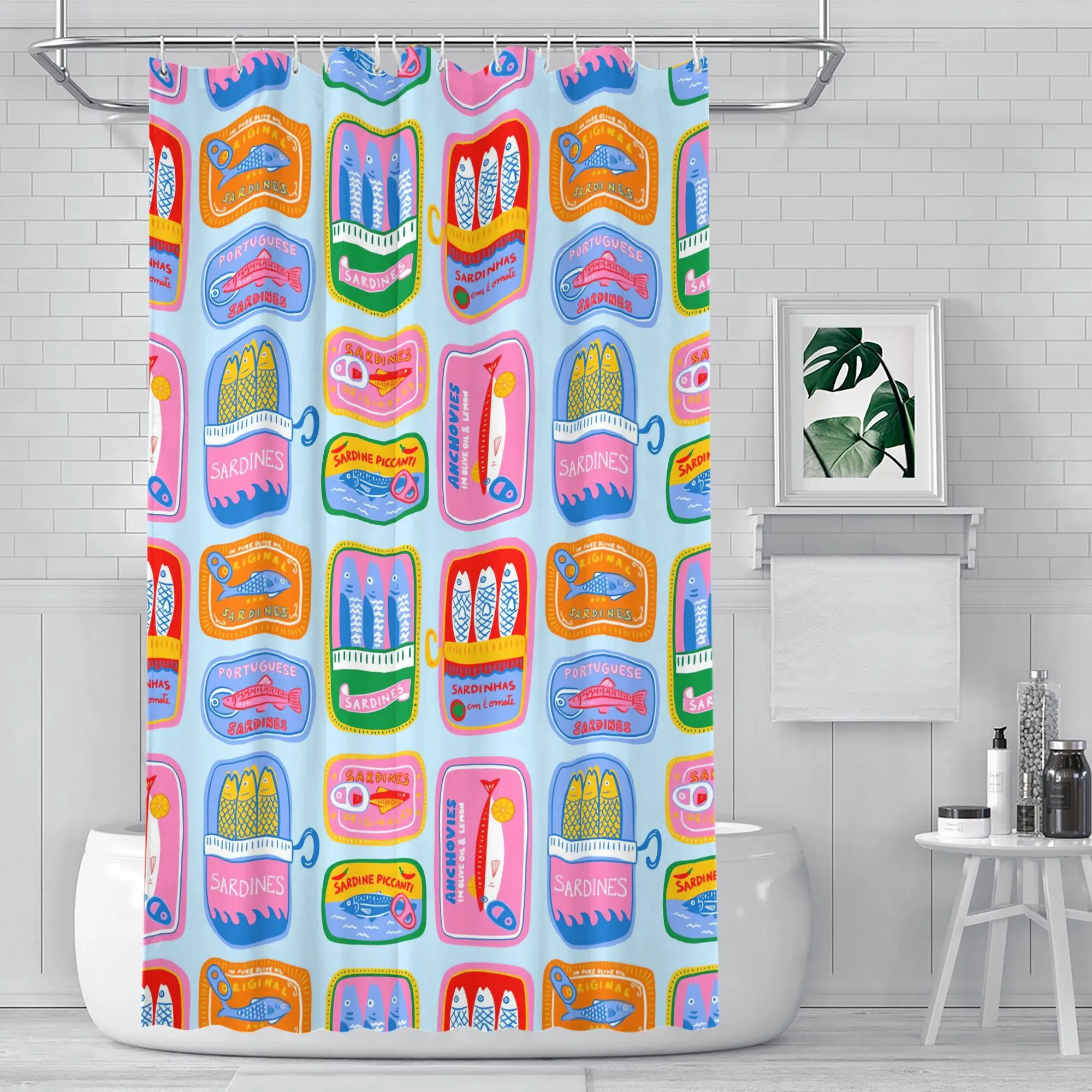 

Sardine Can Print Shower Curtain – Retro Portuguese Labels, Pastel Pink/Blue/Green/Yellow, 12 Hooks, Kitchen-Bath Decor