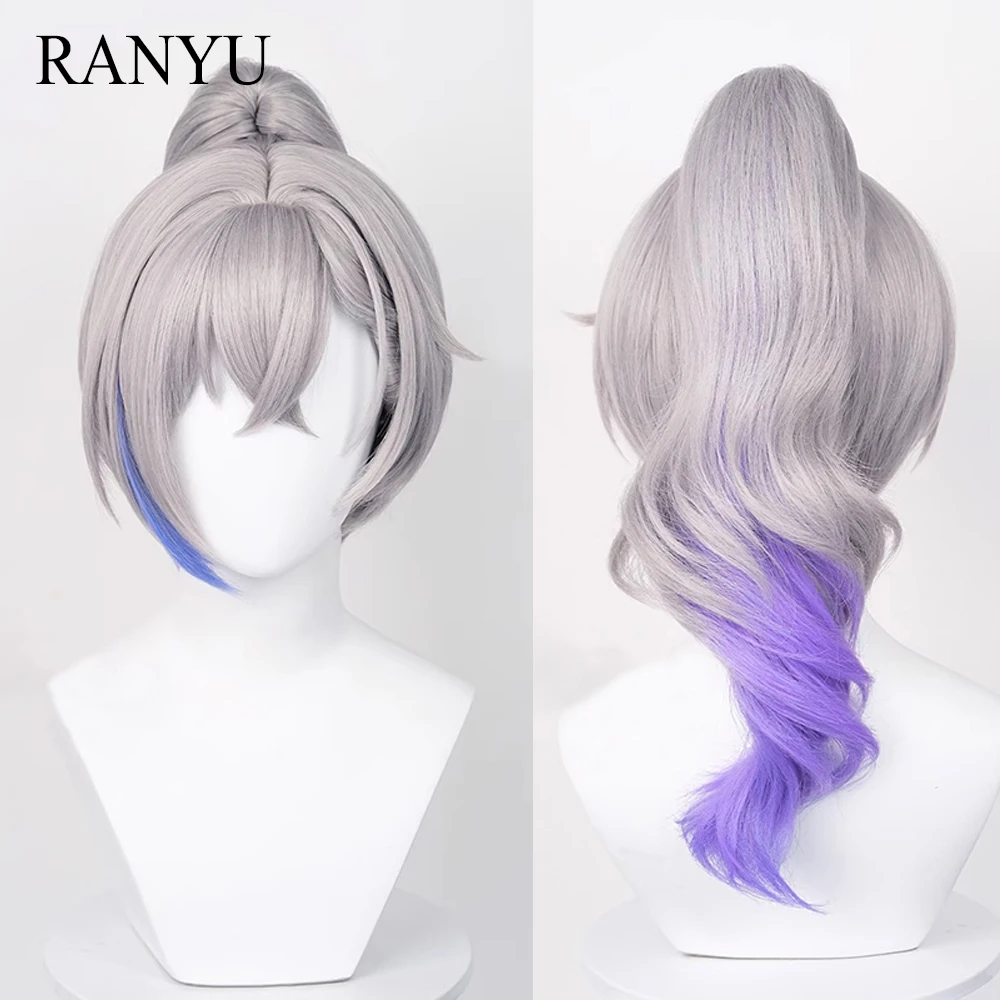 Honkai Star Rail Silver Wolf Perucas Sintéticas Longas Retas Onduladas Cinza Roxo Gradiente Rabo de Cavalo Jogo Cosplay Peruca de Cabelo para Festa