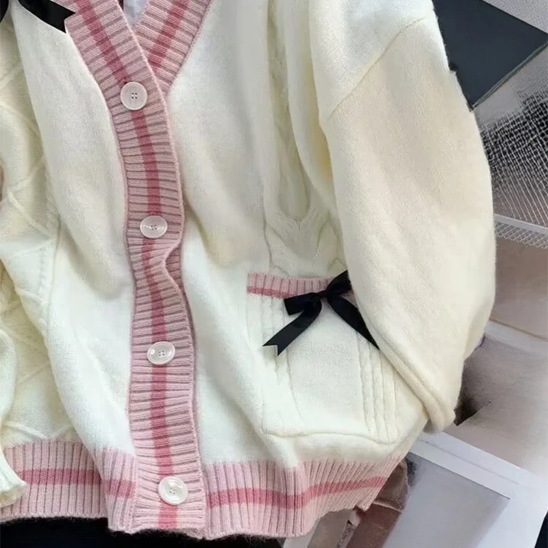 Sweter damski z kokardą, casualowy, słodki, jesienno-zimowy, japoński, klasyczny, w stylu preppy, dzianinowy, płaszcze, Y2K, vintage, kontrastowe kolory, dekolt w serek.