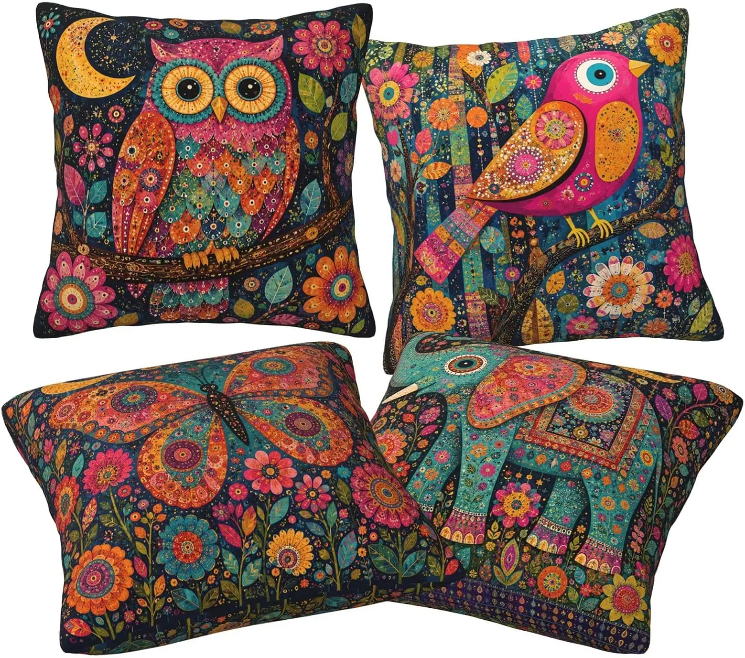 Bohemian Bird Floral Set of 4 Double Sided Throw Pillow Covers Boho Botanical Cushion Cases Decor for Couch Sofa Home