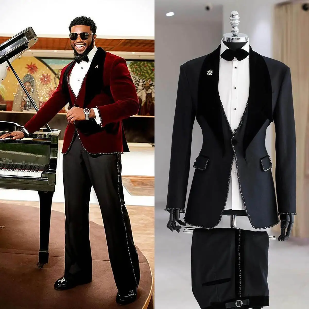 

Men's Performance Set Beads Shawl Lapel Groom Wear Party Prom Jacket Wedding Tuxedos 2 Pieces Black Pants