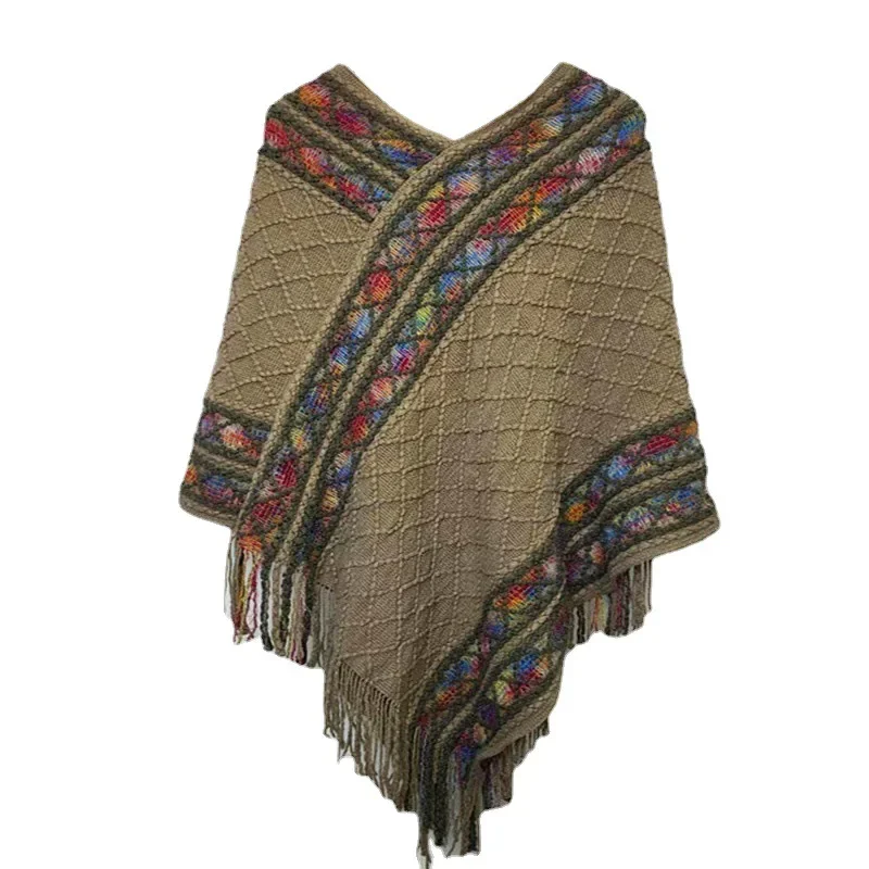 

Colorful Ethnic Wind Travel Outside Pullover Cape Cloak to Keep Warm Tassel Knitwear