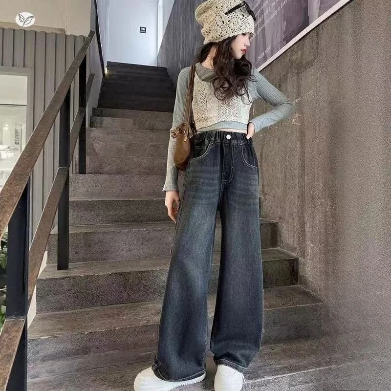 Girls Fleece Lined Jeans 2026 Autumn Winter Thick Warm Straight Denim Pants Kids Wide Leg Trousers Teen Bottoms