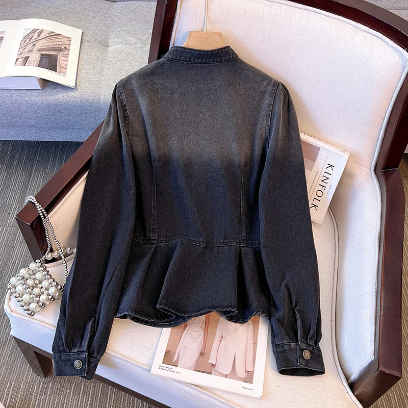Camicia di jeans da donna con volant nero High Street Cappotto a maniche lunghe monopetto skinny retrò Top 2025 Primavera Autunno Nuovo