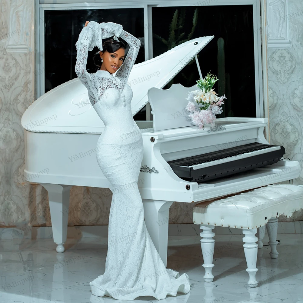 Gaun Pengantin Afrika dengan Aplikasi Renda Mewah, Kerah Tinggi, Lengan Panjang, 2 in 1 dengan Ekor yang Dapat Dilepas, Gaun Pengantin dengan Kancing, Dapat Disesuaikan