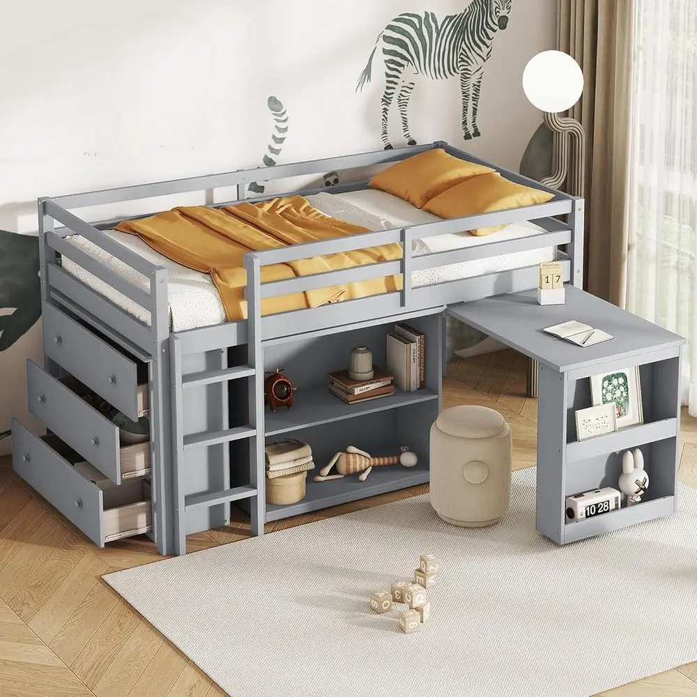 

Twin Lot Bed with Pull-Out Desk, Cabinet, and Shelves, Rubber Wood, Safety Guardrail, Ladder, Grey