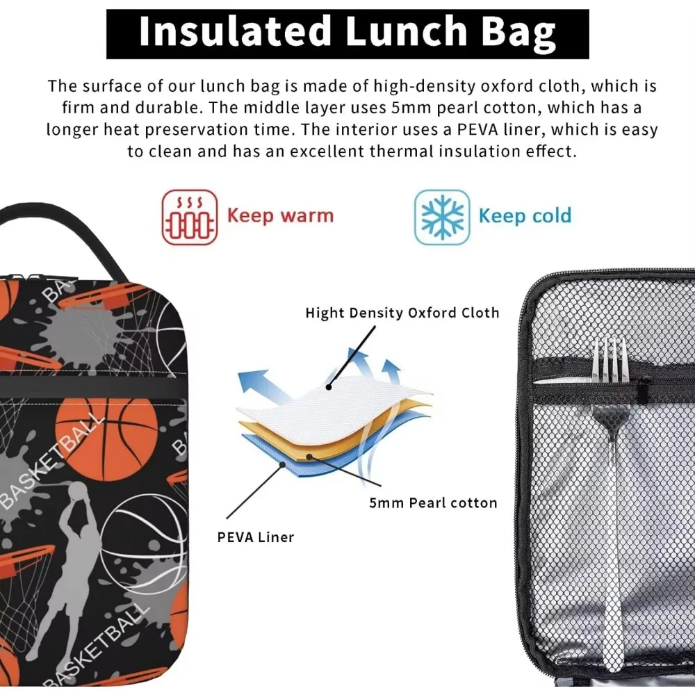 Art Basketball Durable Waterproof Insulated Lunch Bag Reusable Cooler Thermal Tote Lunch Box Organizer for School Work Picnic