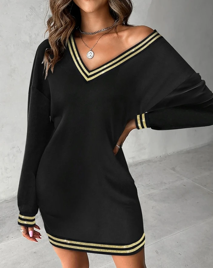 Newly Released Young Women's Striped Patch Wing Pattern V-Neck Contrasting Sequin Long Sleeved Hot Selling Mini Dress In Stock