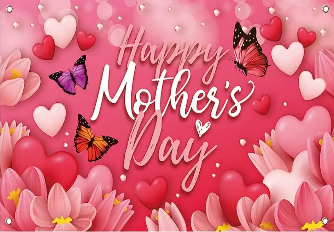 Happy Mother's Day Banner Decorations Flag Outdoor Mom Gifts Indoor Party Yard Background for Photography Red Pink Heart Flowers