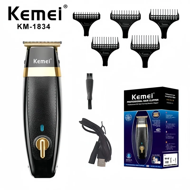 

Kemei KM 1834, профессиональная машинка для стрижки волос, перезаряжаемая от USB, кожаная отделка, прецизионный триммер для укладки волос