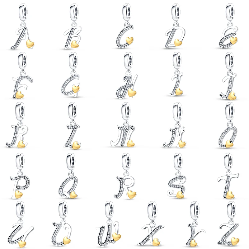 Fashion Silver-Plated Golden Heart Shape 26 Letters Pendants Fit Qikaola 925 Original Bracelets DIY Birthday Jewelry Gifts