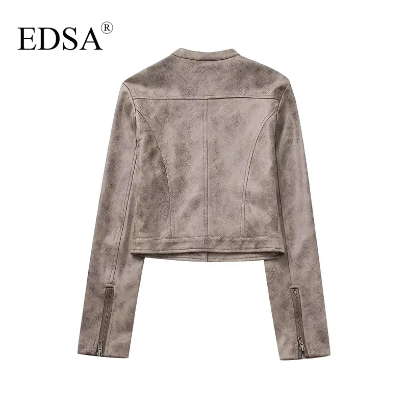 EDSA Women Suede Jacket Solid Color Motorcycle Style Vintage Slim Bomber Jacket Outerwear