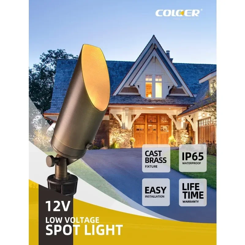 Brass Landscape Spotlights,12 Pack Spotlight Fixture Outdoor with 5W Aluminum Housing MR16 LED Bulb 2700K