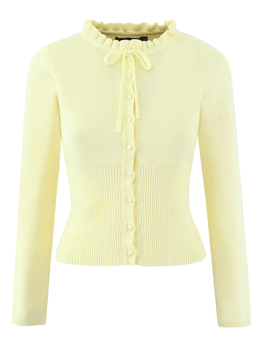 

Retro Waist-Cinching Slimming Long Sve Knitted Sweater Women's Versatile Ele Fit Open Cardigan Wood ain Collar