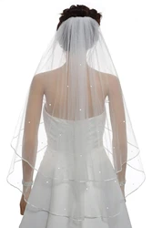 Elegante velo da sposa a due strati con perline corte bianco avorio da donna con bordo a nastro veli da sposa con pettine