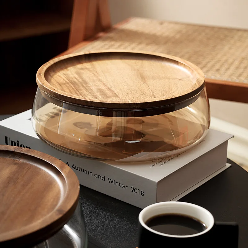 Glass Food Storage Fruit Tray with Wooden Cover Nut Candy Fruit Organizer for Coffee Table Dry Fruit Bowl Kitchen Storage 5