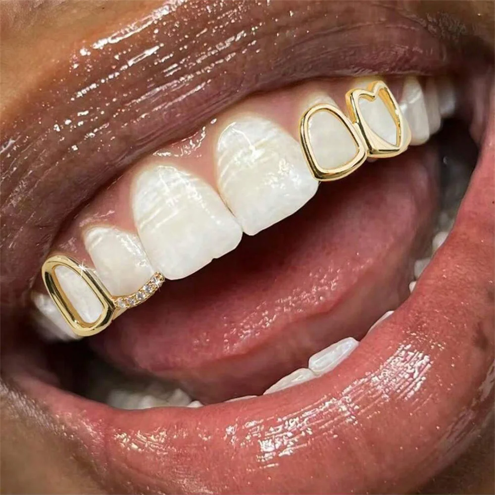 Anztilam 2pcs Grills Set Iced Out Grillz Full Zircon Tooth Shine Grill Men Women Hip Hop Tooth Grills Caps Brass Fashion Jewelry