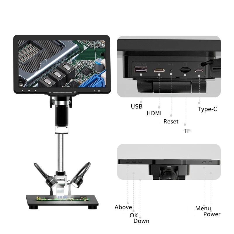 Imagem -02 - Microscópio Digital Câmera Magnifier 10.1 Polegada Ajustável hd Ips Display Solda Eletrônica Reparo do Telefone 1600x