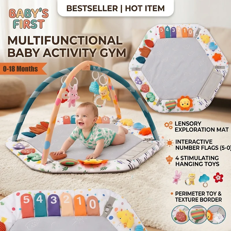 

0-18 Months Thickened Baby Activity Gym 110cm Extra Large Play Mat with Number Sensory Toys Soft Tummy Time Floor Mat for Infant
