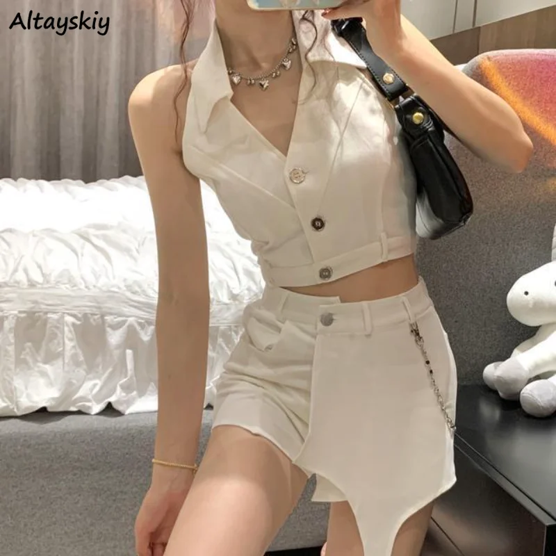 

Women Sets Tanks Crop Tops Slim Fit White Solid Halter Shorts Skirts Korean Style Chains Asymmetrical Design Mini Fashion Tender