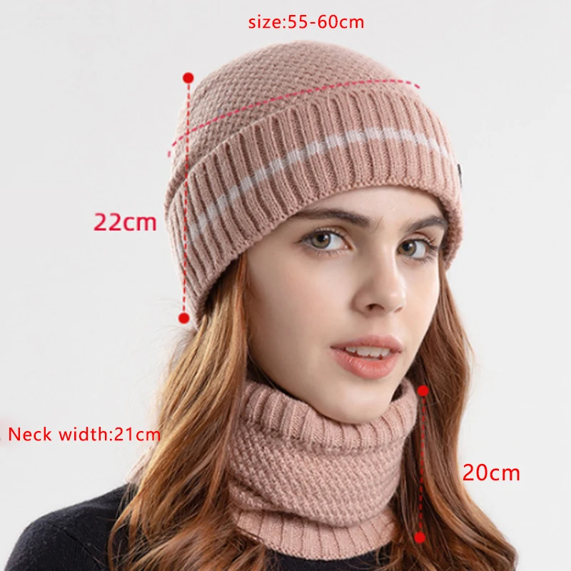 2 Pieces Knitted Hat Set of Simple Wool Scarf Collar Striped Outdoor Thermal Cover Head Cap Thick Fleece Lined  Earflaps Ski Cap