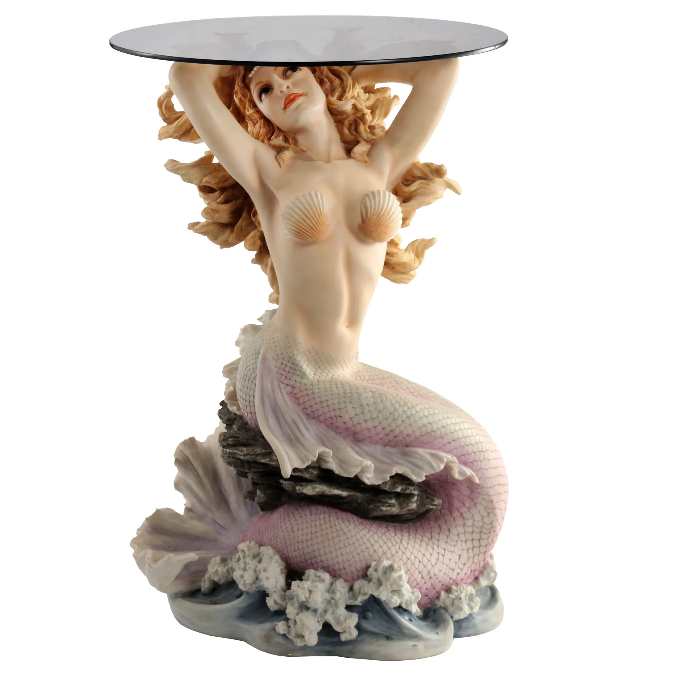 Resin Mermaid Sculpture Side Table Wave Base Glass Top Accent Table Nautical Home Decor Ornament Living Room Entrance Display
