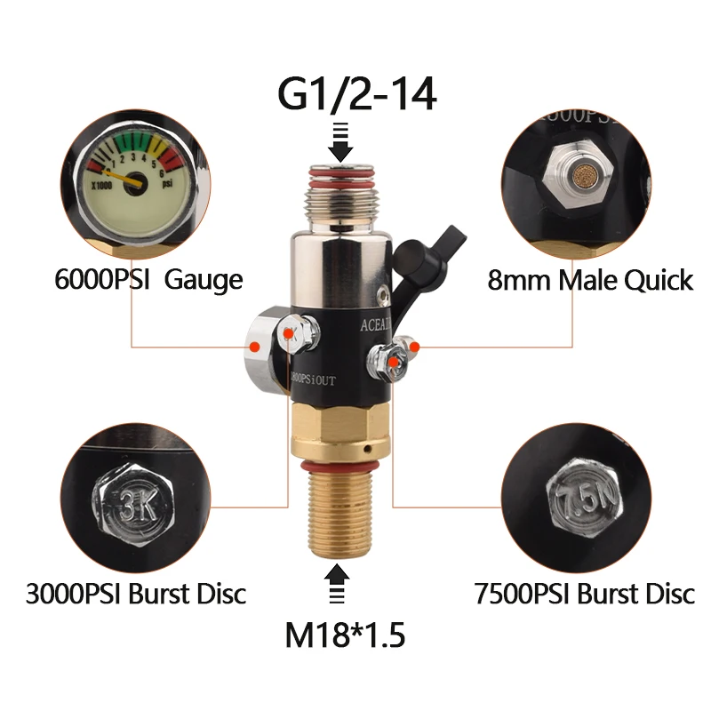 HPA Scuba Air Tank Pressure Regulator Adjustable 0-1800PSI Gas Filling Adapter Regulating Valve For Compressor Aquarium Fittings