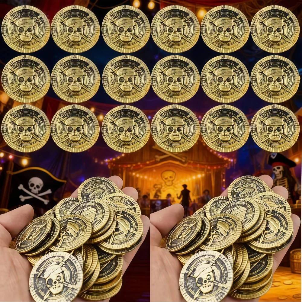 Image of 10–100 Stück Retro-Piratenparty-Schädel-Münzen für Geburtstag, Karneval, Pirat, Cosplay, Partygeschenke, Schule, Kindergarten, Geschenkpackung, Füllstoffe