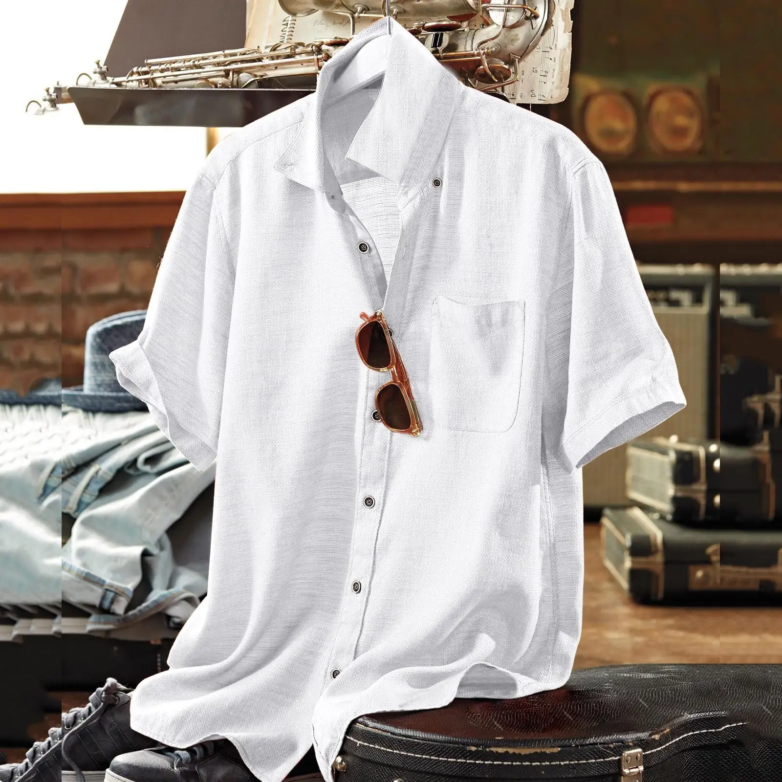 

Men's Thin Cotton Linen Collar ort Sve irt Breathable Iron-Free European Sle Color Casual Open Cardigan